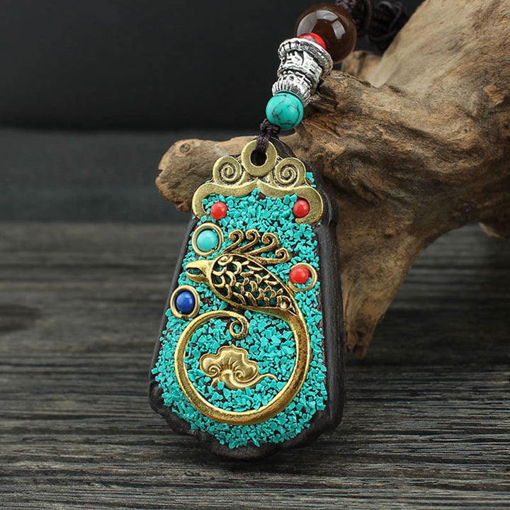 Buddha Stones Tibet Dios de la Riqueza Árbol del Dinero Fénix Dorado Thangka Colgante Collar de Ébano Paz