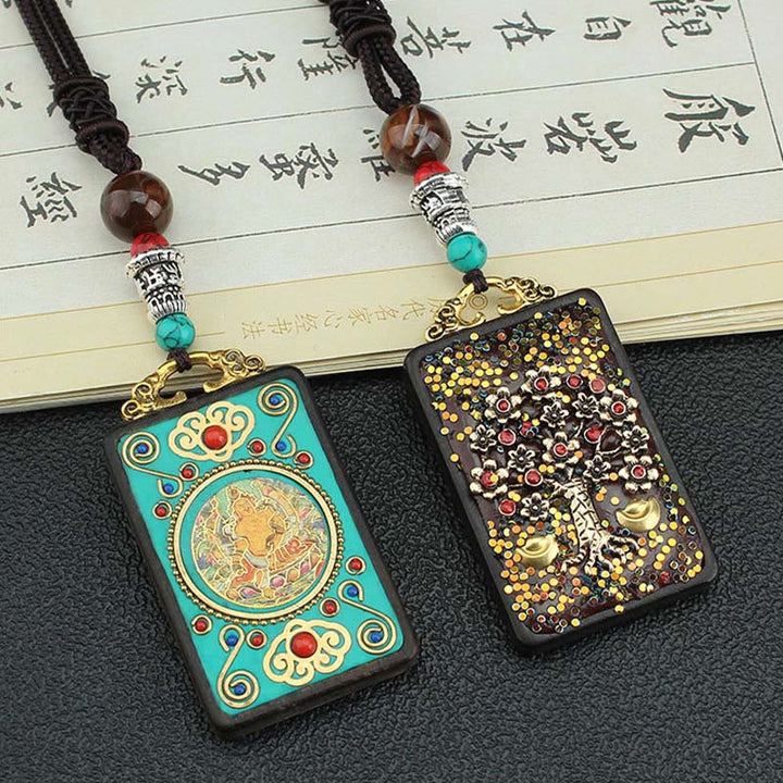 Buddha Stones Tibet Dios de la Riqueza Árbol del Dinero Fénix Dorado Thangka Colgante Collar de Ébano Paz