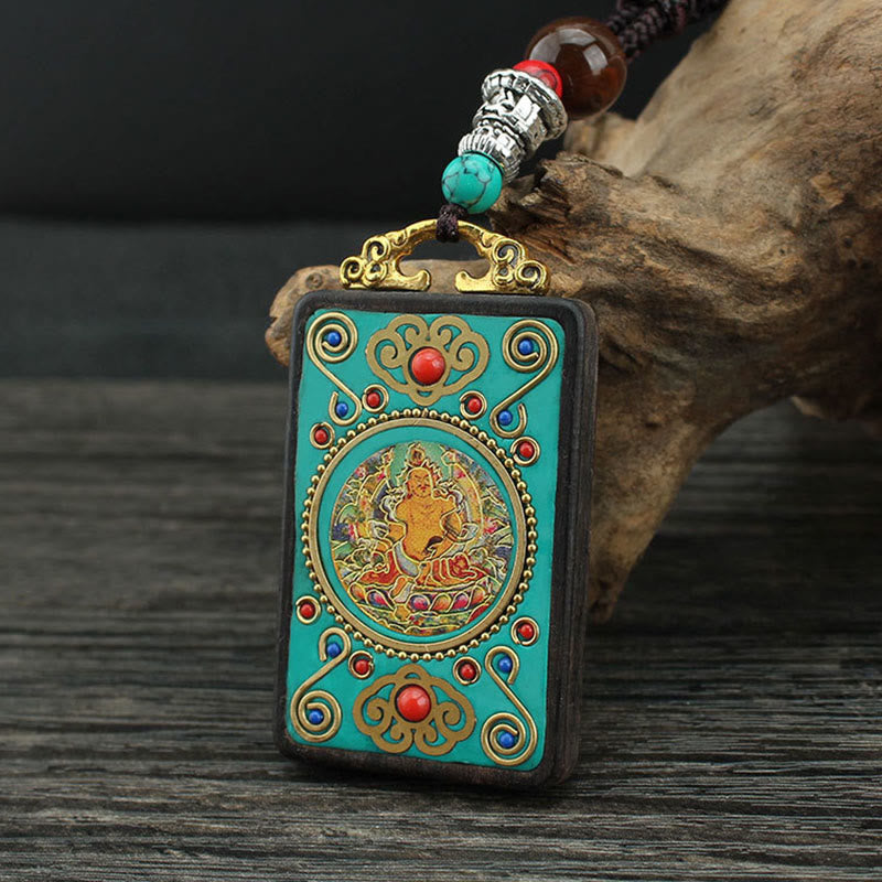 Buddha Stones Tibet Dios de la Riqueza Árbol del Dinero Fénix Dorado Thangka Colgante Collar de Ébano Paz