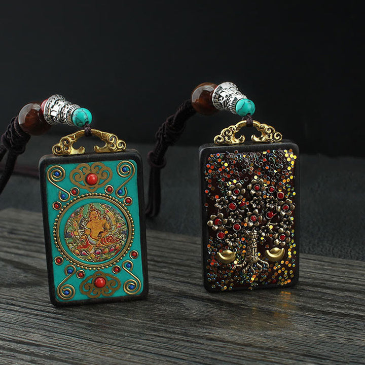 Buddha Stones Tibet Dios de la Riqueza Árbol del Dinero Fénix Dorado Thangka Colgante Collar de Ébano Paz