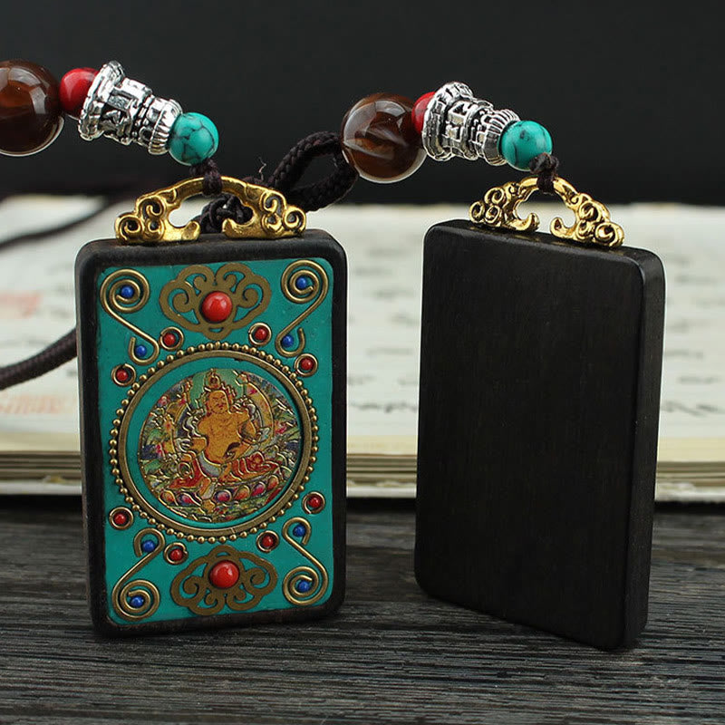 Buddha Stones Tibet Dios de la Riqueza Árbol del Dinero Fénix Dorado Thangka Colgante Collar de Ébano Paz