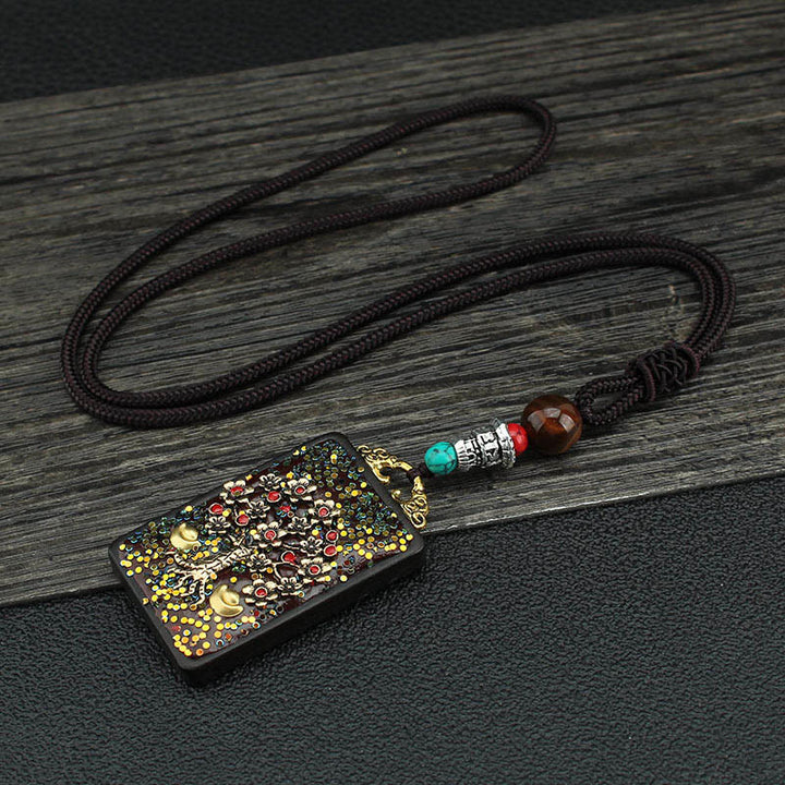 Buddha Stones Tibet Dios de la Riqueza Árbol del Dinero Fénix Dorado Thangka Colgante Collar de Ébano Paz