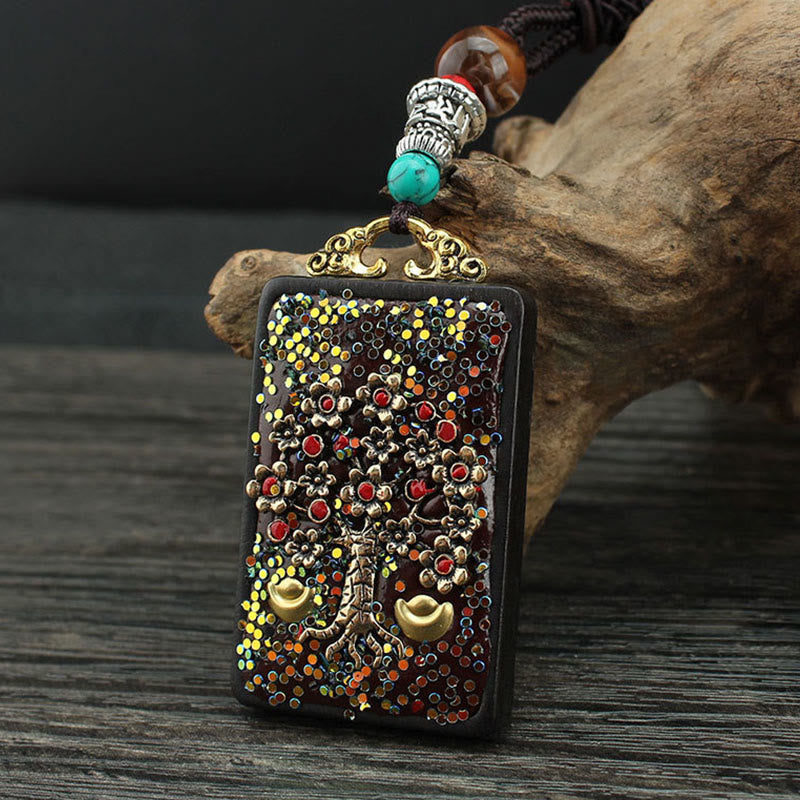 Buddha Stones Tibet Dios de la Riqueza Árbol del Dinero Fénix Dorado Thangka Colgante Collar de Ébano Paz