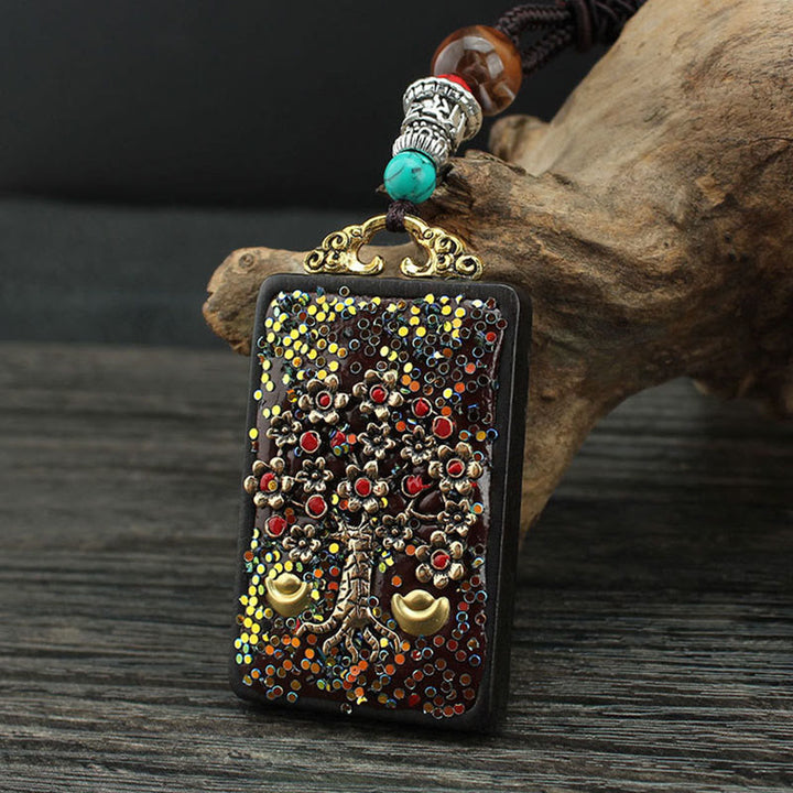 Buddha Stones Tibet Dios de la Riqueza Árbol del Dinero Fénix Dorado Thangka Colgante Collar de Ébano Paz