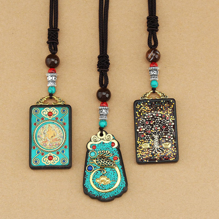 Buddha Stones Tibet Dios de la Riqueza Árbol del Dinero Fénix Dorado Thangka Colgante Collar de Ébano Paz