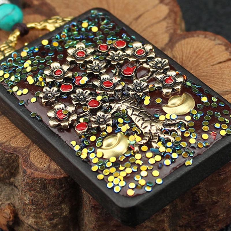 Buddha Stones Tibet Dios de la Riqueza Árbol del Dinero Fénix Dorado Thangka Colgante Collar de Ébano Paz