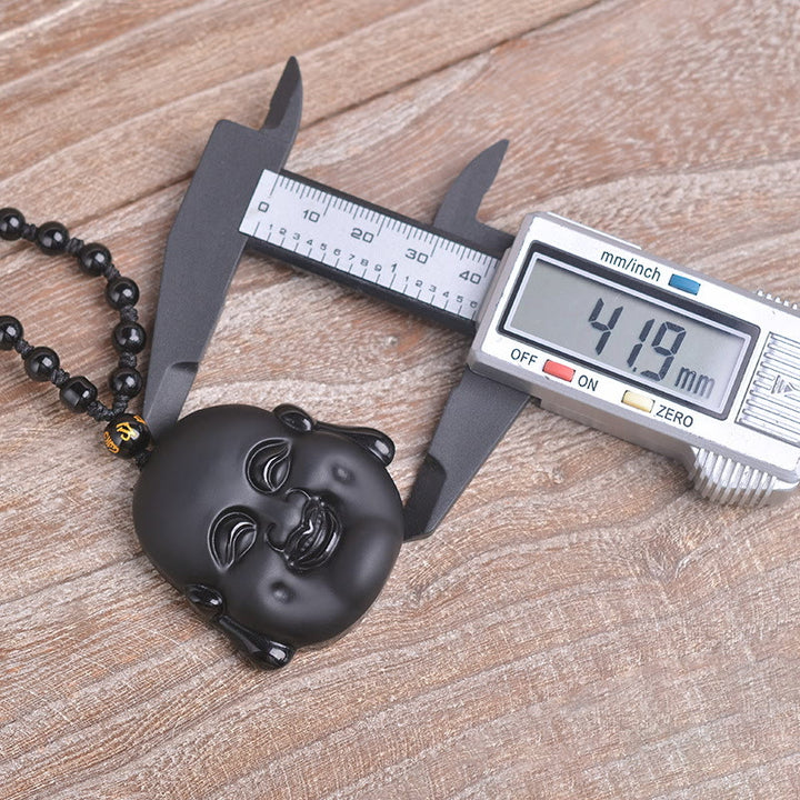 Buddha Stones Collar Colgante de Purificación de Buda Riéndose de Obsidiana Negra Natural