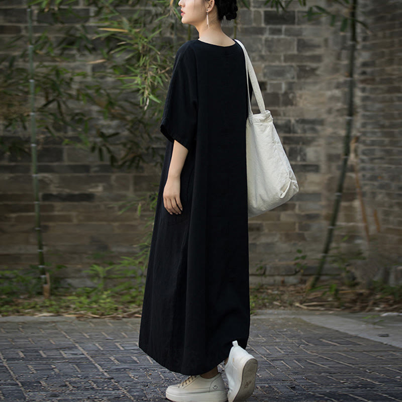 Buddha Stones Vestido midi de color sólido con cuello en V, manga media de ramio y lino con bolsillos