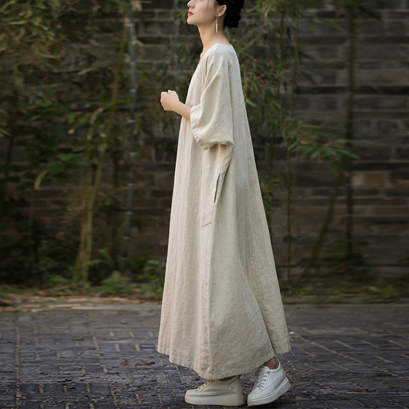 Buddha Stones Vestido midi de color sólido con cuello en V, manga media de ramio y lino con bolsillos