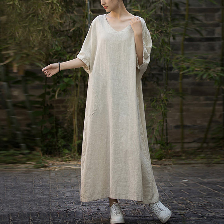 Buddha Stones Vestido midi de color sólido con cuello en V, manga media de ramio y lino con bolsillos