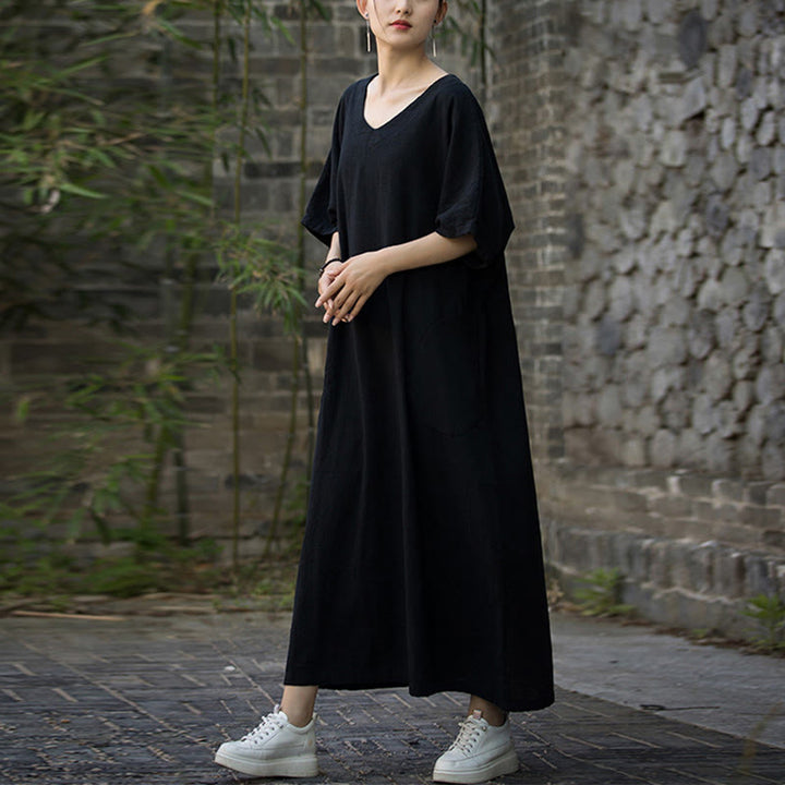 Buddha Stones Vestido midi de color sólido con cuello en V, manga media de ramio y lino con bolsillos