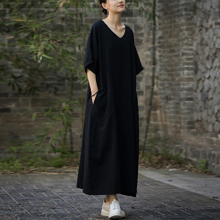 Buddha Stones Vestido midi de color sólido con cuello en V, manga media de ramio y lino con bolsillos