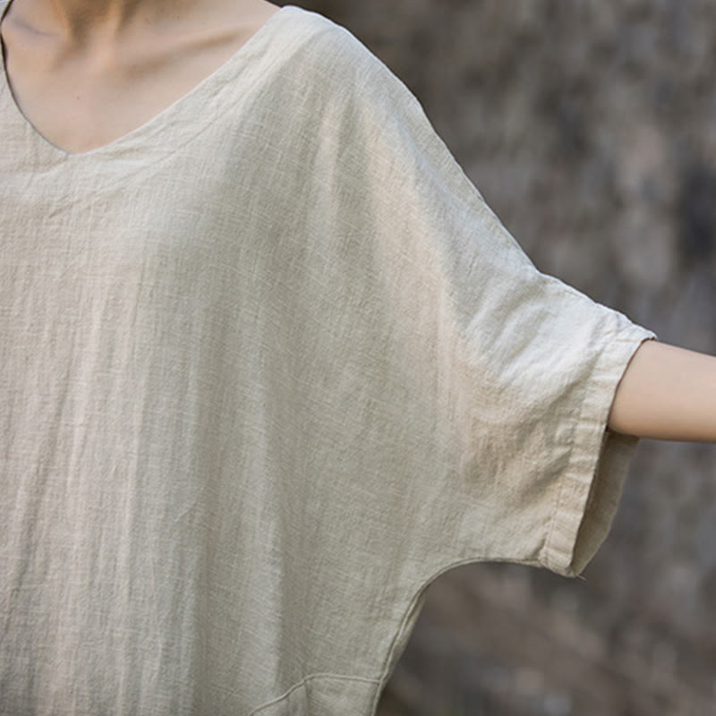 Buddha Stones Vestido midi de color sólido con cuello en V, manga media de ramio y lino con bolsillos