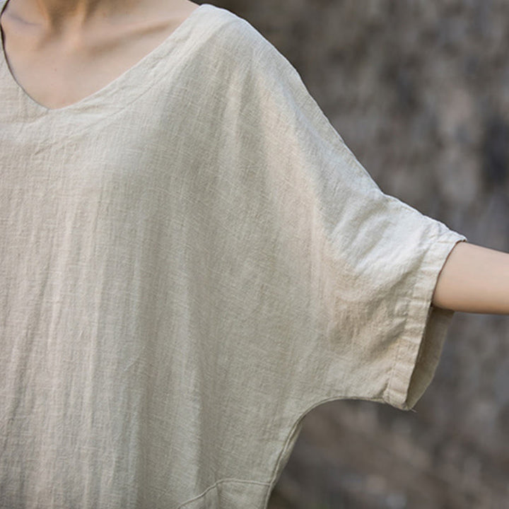 Buddha Stones Vestido midi de color sólido con cuello en V, manga media de ramio y lino con bolsillos