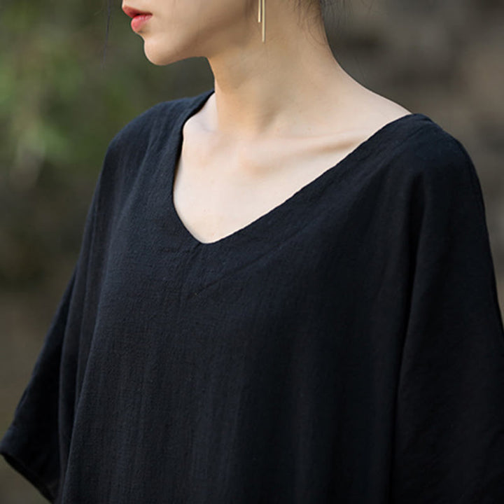 Buddha Stones Vestido midi de color sólido con cuello en V, manga media de ramio y lino con bolsillos