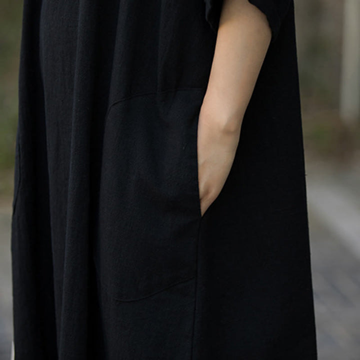 Buddha Stones Vestido midi de color sólido con cuello en V, manga media de ramio y lino con bolsillos