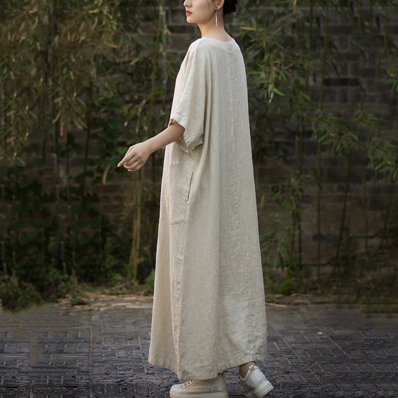 Buddha Stones Vestido midi de color sólido con cuello en V, manga media de ramio y lino con bolsillos