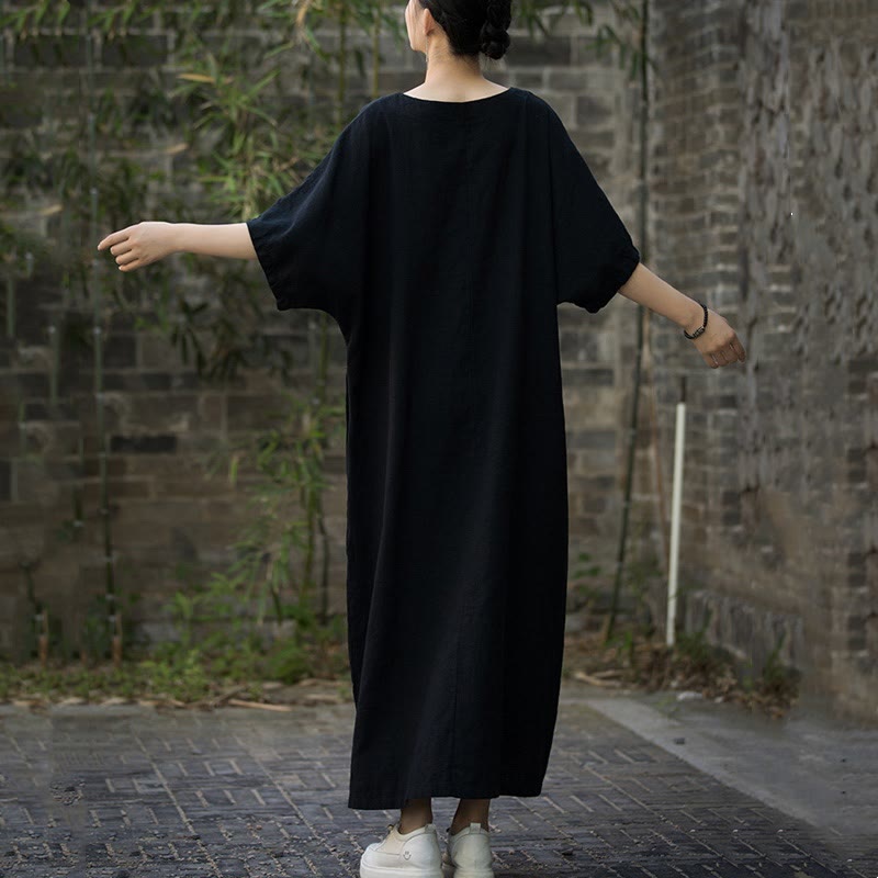 Buddha Stones Vestido midi de color sólido con cuello en V, manga media de ramio y lino con bolsillos