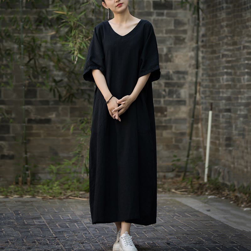 Buddha Stones Vestido midi de color sólido con cuello en V, manga media de ramio y lino con bolsillos