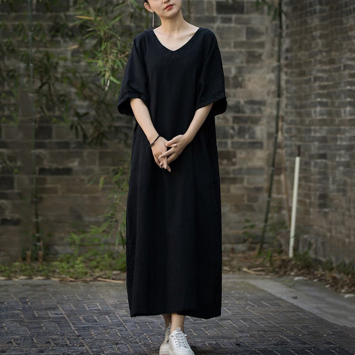 Buddha Stones Vestido midi de color sólido con cuello en V, manga media de ramio y lino con bolsillos