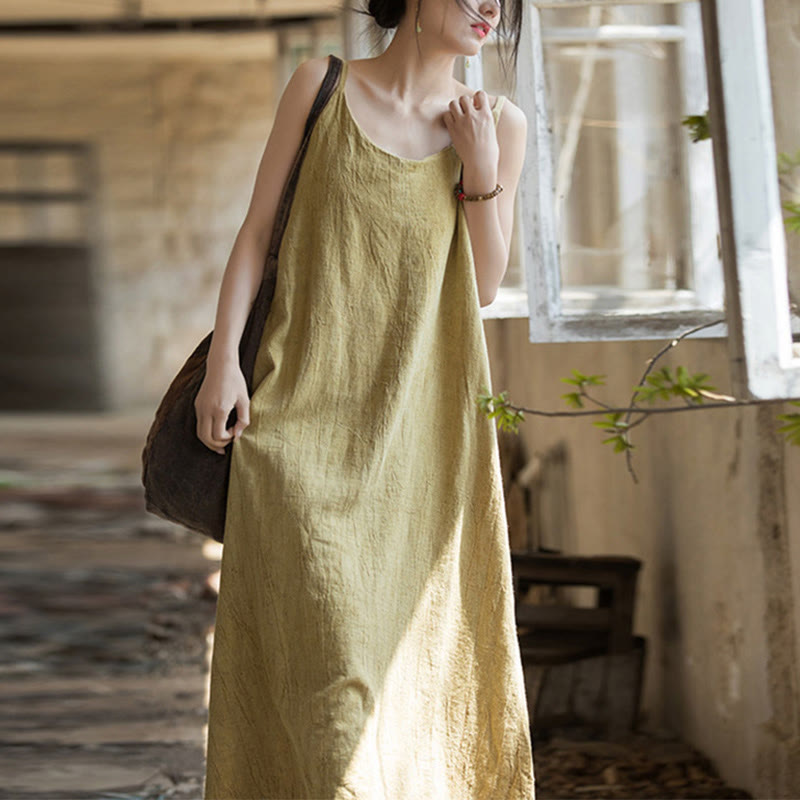 Buddha Stones Vestido midi veraniego de lino con bandolera de espagueti hecho a mano con teñido anudado - LimónChiffon - F (Apto para US4-8/10; UK/AU8-12/14; UE 36-40/42) - image 0