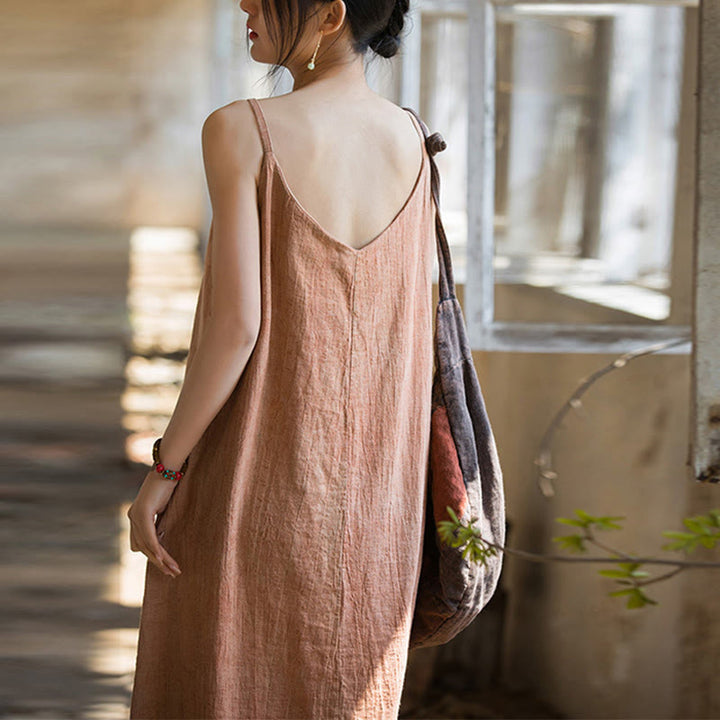 Buddha Stones Vestido midi veraniego de lino con bandolera de espagueti hecho a mano con teñido anudado - image 14