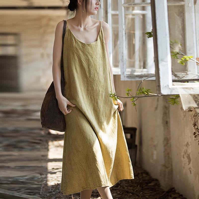 Buddha Stones Vestido midi veraniego de lino con bandolera de espagueti hecho a mano con teñido anudado - image 1