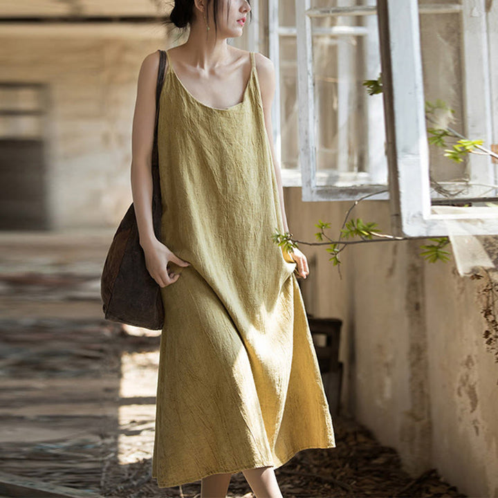 Buddha Stones Vestido midi veraniego de lino con bandolera de espagueti hecho a mano con teñido anudado - image 1