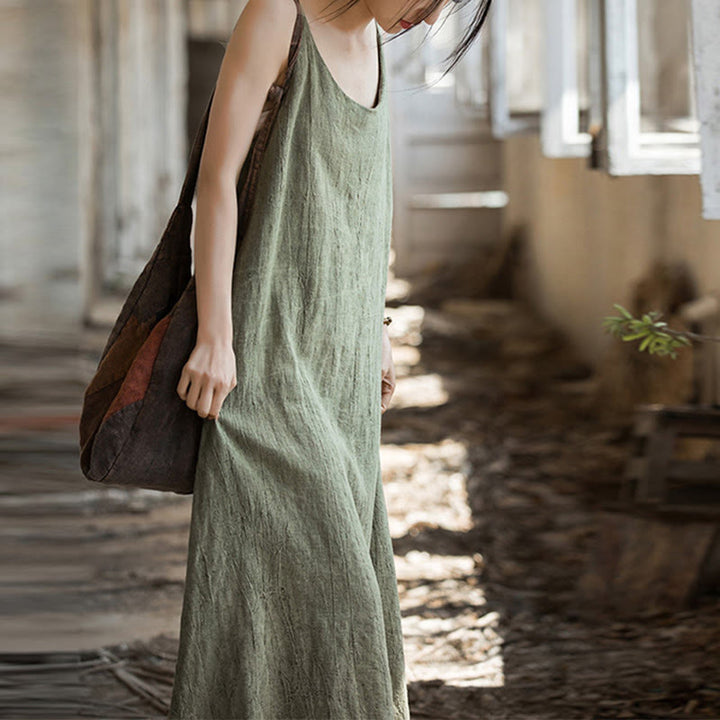 Buddha Stones Vestido midi veraniego de lino con bandolera de espagueti hecho a mano con teñido anudado - image 10