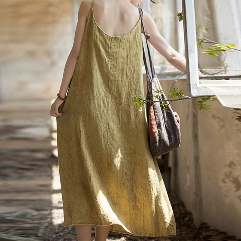 Buddha Stones Vestido midi veraniego de lino con bandolera de espagueti hecho a mano con teñido anudado - image 2