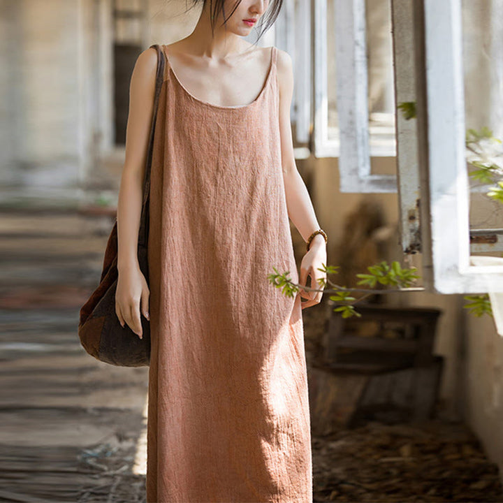 Buddha Stones Vestido midi veraniego de lino con bandolera de espagueti hecho a mano con teñido anudado - Mocasín - F (Apto para US4-8/10; UK/AU8-12/14; UE 36-40/42) - image 12