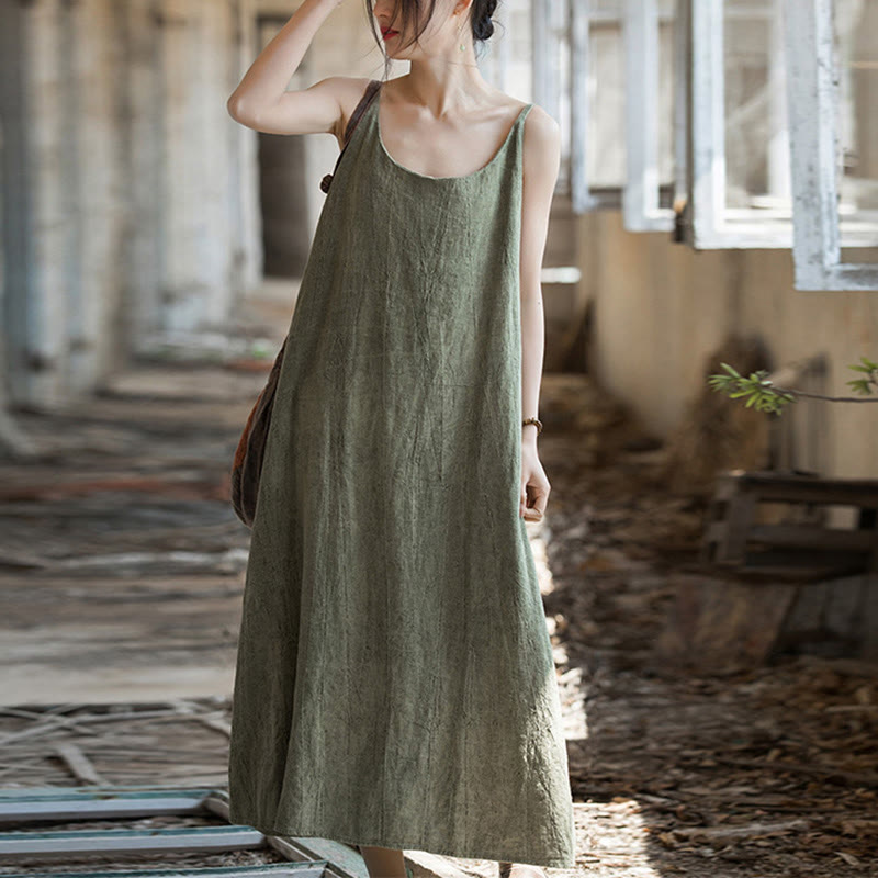 Buddha Stones Vestido midi veraniego de lino con bandolera de espagueti hecho a mano con teñido anudado - image 11