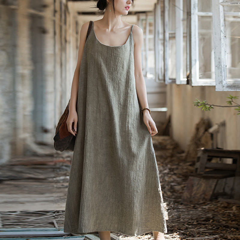 Buddha Stones Vestido midi veraniego de lino con bandolera de espagueti hecho a mano con teñido anudado - image 18