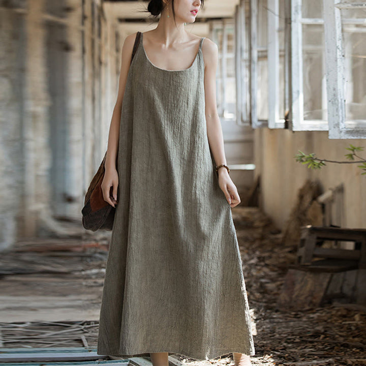 Buddha Stones Vestido midi veraniego de lino con bandolera de espagueti hecho a mano con teñido anudado - image 18