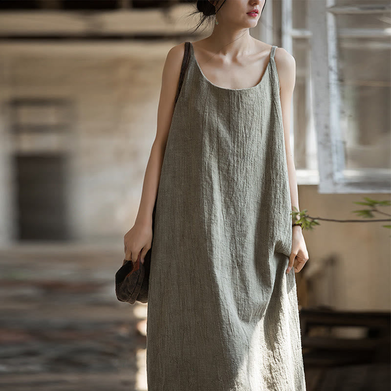 Buddha Stones Vestido midi veraniego de lino con bandolera de espagueti hecho a mano con teñido anudado - image 20