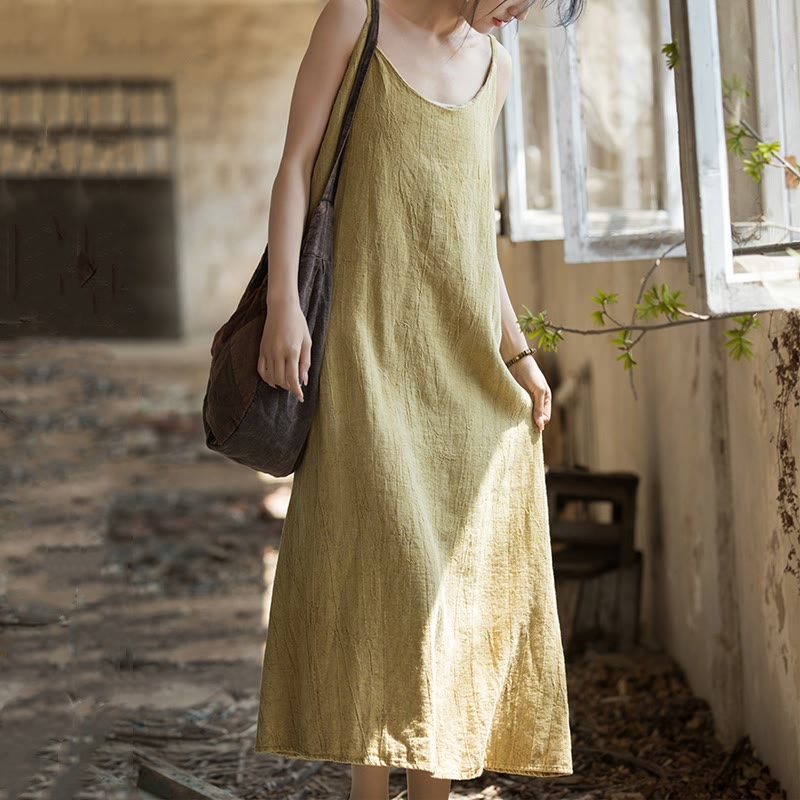 Buddha Stones Vestido midi veraniego de lino con bandolera de espagueti hecho a mano con teñido anudado - image 3