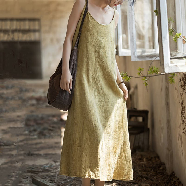 Buddha Stones Vestido midi veraniego de lino con bandolera de espagueti hecho a mano con teñido anudado - image 3