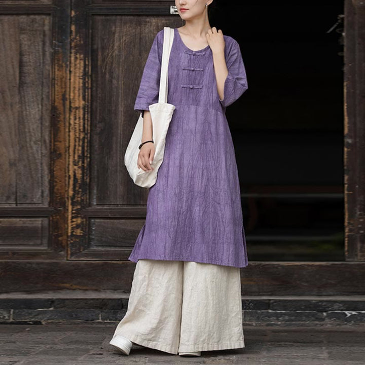 Buddha Stones Vestido Midi de Lino hecho a mano con botones de rana y teñido anudado Pantalones de Pierna Ancha con Bolsillos - Vestido morado y pantalones caqui - US4-8/10, UK/AU8-12/14, EU36-40/42 (F) - image 0