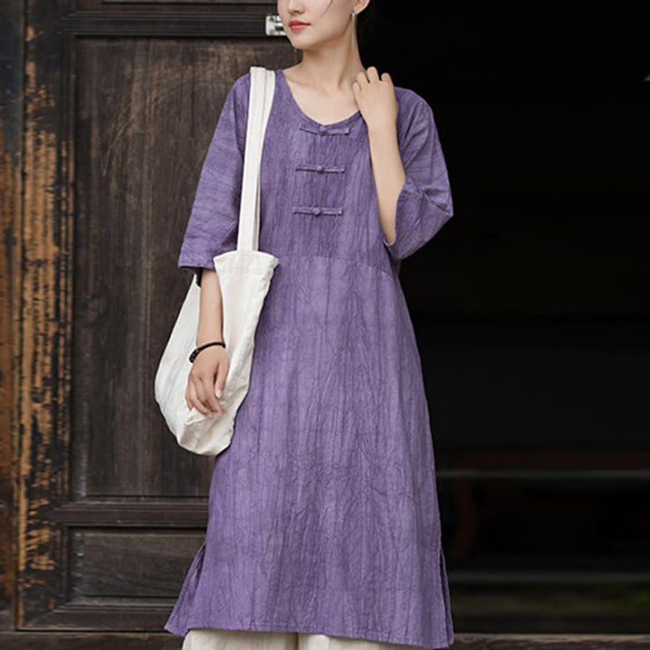 Buddha Stones Vestido Midi de Lino hecho a mano con botones de rana y teñido anudado Pantalones de Pierna Ancha con Bolsillos - Vestido morado (solo vestido) - US4-8/10, UK/AU8-12/14, EU36-40/42 (F) - image 6