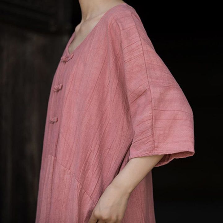 Buddha Stones Vestido Midi de Lino hecho a mano con botones de rana y teñido anudado Pantalones de Pierna Ancha con Bolsillos - image 20