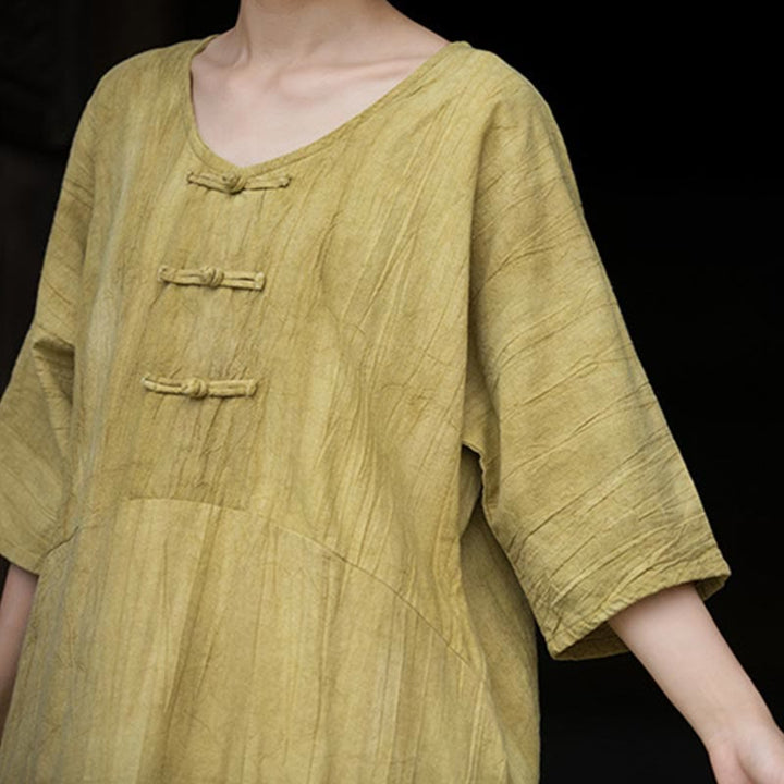 Buddha Stones Vestido Midi de Lino hecho a mano con botones de rana y teñido anudado Pantalones de Pierna Ancha con Bolsillos - image 29