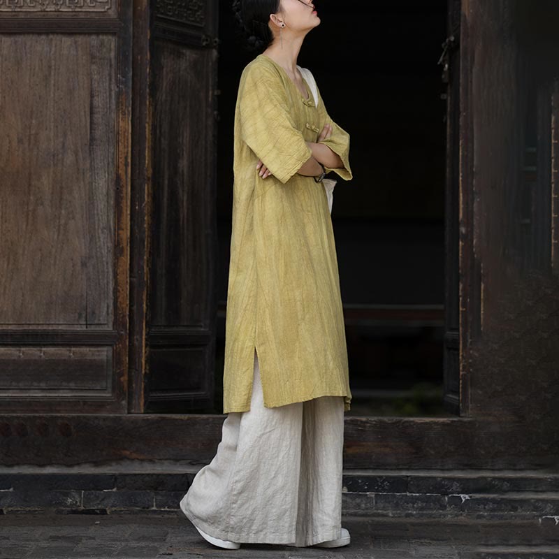 Buddha Stones Vestido Midi de Lino hecho a mano con botones de rana y teñido anudado Pantalones de Pierna Ancha con Bolsillos - image 25