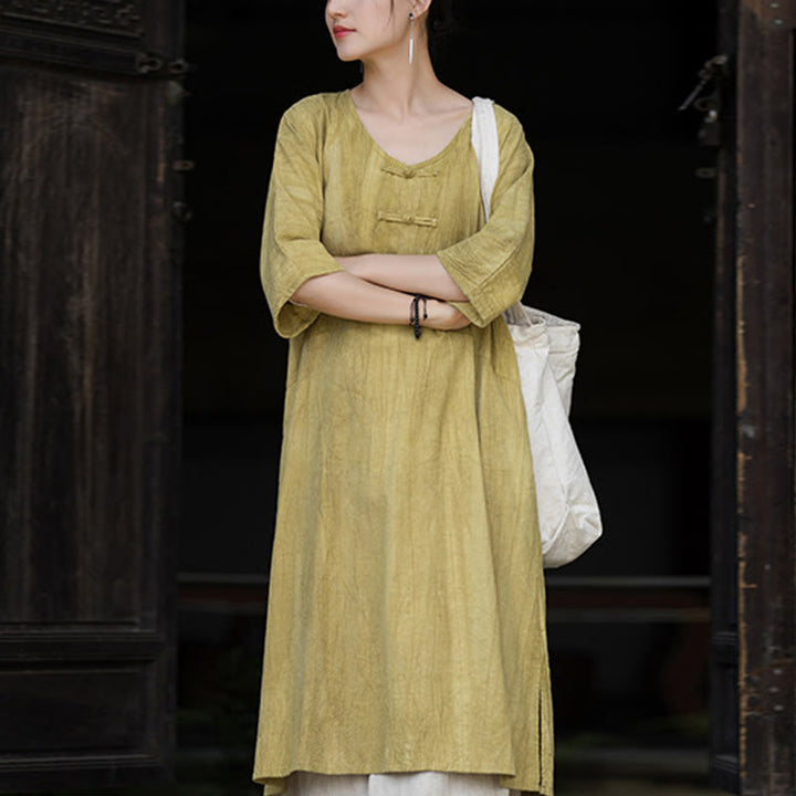 Buddha Stones Vestido Midi de Lino hecho a mano con botones de rana y teñido anudado Pantalones de Pierna Ancha con Bolsillos - Vestido amarillo (solo vestido) - US4-8/10, UK/AU8-12/14, EU36-40/42 (F) - image 28