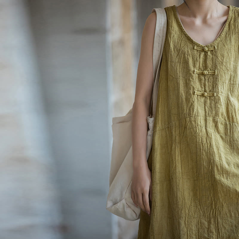 Buddha Stones Cami sin mangas con botones de rana y vestido midi Pantalones anchos de lino y ramio con bolsillos - image 8