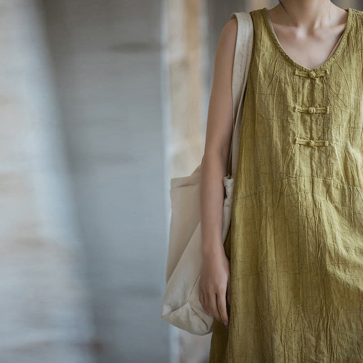 Buddha Stones Cami sin mangas con botones de rana y vestido midi Pantalones anchos de lino y ramio con bolsillos - image 8