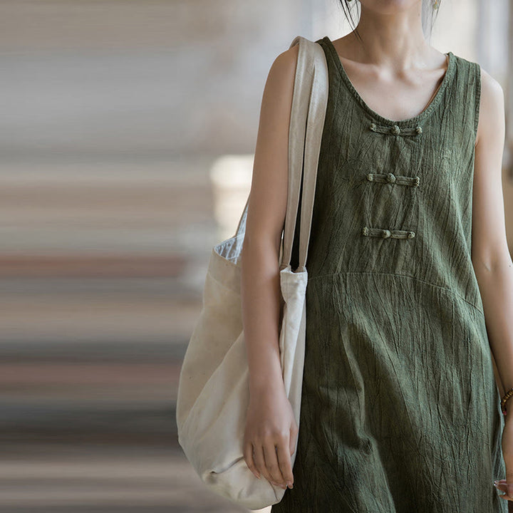 Buddha Stones Cami sin mangas con botones de rana y vestido midi Pantalones anchos de lino y ramio con bolsillos - image 25