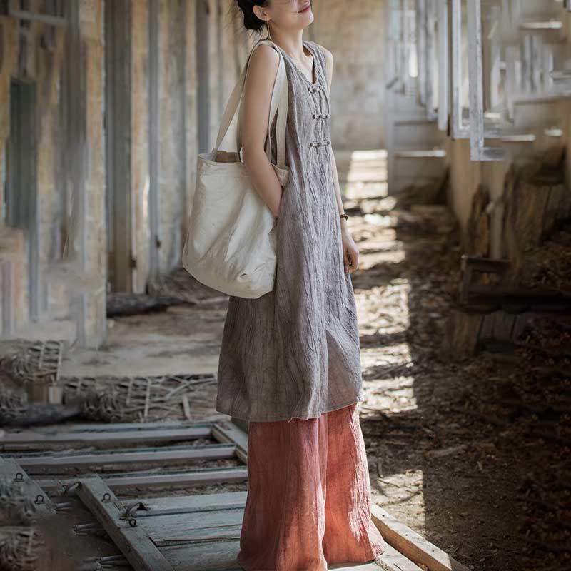 Buddha Stones Cami sin mangas con botones de rana y vestido midi Pantalones anchos de lino y ramio con bolsillos - image 28