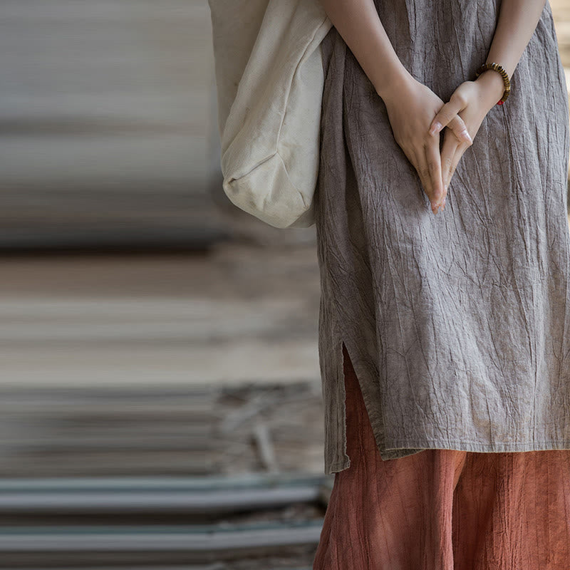 Buddha Stones Cami sin mangas con botones de rana y vestido midi Pantalones anchos de lino y ramio con bolsillos - image 33