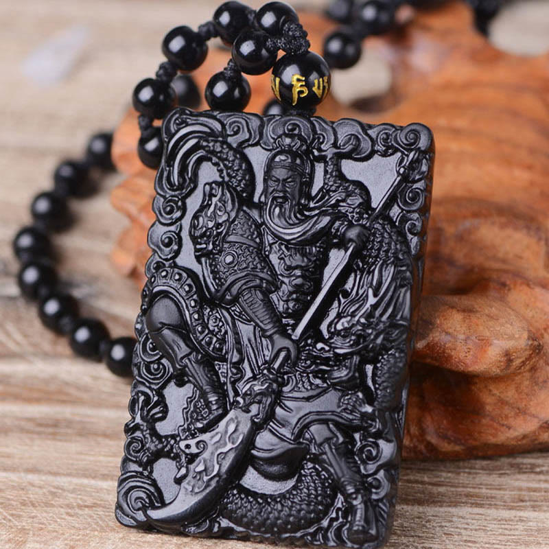 Amuleto de Black Obsidian Guan Gong grabado con fuerza colgante de collar Buddha Stones