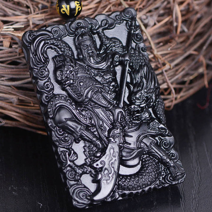 Amuleto de Black Obsidian Guan Gong grabado con fuerza colgante de collar Buddha Stones